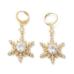 Snowflake Rack Plating Golden Brass Dangle Leverback Earrings, with Cubic Zirconia for Women, Snowflake, 46x20.5mm