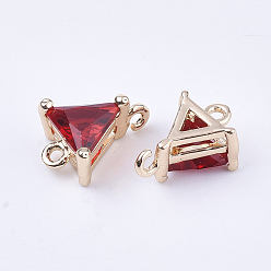 Red Transparent Glass Links connectors, with Brass Findings, Faceted, Triangle, Light Gold, Red, 11x8x5mm, Hole: 1mm