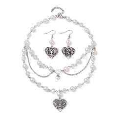 Antique Silver Tibetan Style Alloy Heart Jewelry Set, Glass Pearl Dangle Earrings & 304 Stainless Steel Chains Bib Necklace, Antique Silver, 340mm, 49.5x22mm