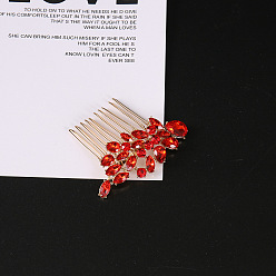 Indian Red Flower Alloy Rhinestone Hair Combs, Hair Accessories for Women and Girls, Indian Red, 50x60mm