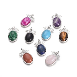 Mixed Stone Natural & Synthetic Mixed Gemstone Pendants, with Platinum Tone Brass Findings, Pineapple, 29x17.5x7mm, Hole: 4.5x3.5mm