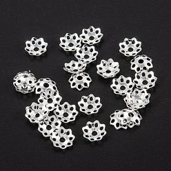 Silver Multi-Petal Brass Bead Caps, Long-Lasting Plated, Rack Plating, Hollow Flower, Silver, 5x1mm, Hole: 1mm