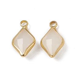 White Opal K9 Glass Pendants, Rhombus Charms, Faceted, with Light Gold Tone Brass Edge, White Opal, 18.5x10x5mm, Hole: 2.2mm