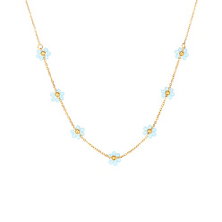 Light Sky Blue Real 18K Gold Plated Stainless Steel Flower Beaded Pendant Necklaces for Women, Light Sky Blue, 17.72 inch(45cm)