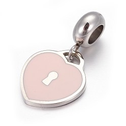 Pink 304 Stainless Steel European Dangle Charms, with Enamel, Large Hole Pendants, Heart Lock, Stainless Steel Color, Pink, 24.5mm, Hole: 4.5mm, Pendant: 15x13.5x1.3mm