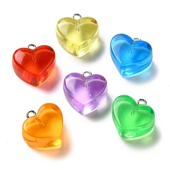 Mixed Color 10Pcs Transparent Resin Imitation Jelly Pendants, Heart Charms with Platinum Plated Iron Loops, Valentine's Day, Mixed Color, 17.5x17.5x10mm, Hole: 2mm