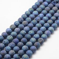 Marine Blue Electroplated Natural Quartz Crystal Beads Strands, Druzy Geode Crystal, Round, Marine Blue, 8mm, Hole: 1mm, about 50pcs/strand, 15.3 inch(39cm)