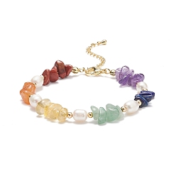 Mixed Stone Natural Mixed Stone Chips Beaded Bracelets for Women, Brass Natural Cultured Freshwater Pearl Bead Bracelets, Golden, 7-1/4 inch(18.5cm)