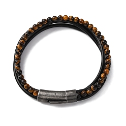 Тигровый глаз Плетеный кожаный многожильных браслеты, 304 Браслеты из нержавеющей стали и натурального тигрового глаза с круглыми бусинами для мужчин, 9-1/8 дюйм (23 см)