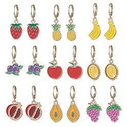 Золотой 9 пары 9 стили серьги с подвесками на английском замке с эмалью, бананом, клубникой и виноградом, разноцветные, золотые, 26.5~34x9.5~16.5 мм, 1 пара / стиль