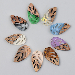 Mixed Color Resin & Walnut Wood Pendants, Leaf, Mixed Color, 28x15x3mm, Hole: 2mm