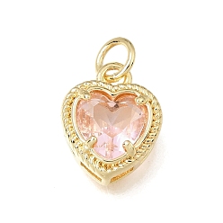Pink Латунь стекло кулоны, шарма сердца, без свинца и без кадмия, долговечный, граненые, реальный 18 k позолоченный, розовые, 13x10.5x5.5 мм, отверстие : 3 мм