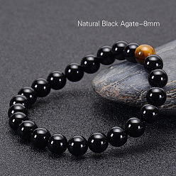 8mm Natural Black Agate Bracelet Natural Black Agate Bracelet with Tiger Eye Stone Beads for Men and Women, AAA Quality (8/10/12mm)