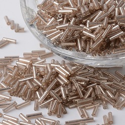 Rosy Brown Tube Silver Lined Round Hole Glass Bugle Beads, Rosy Brown, 6~7x1.5~2mm, Hole: 0.5mm, about 12500pcs/450g