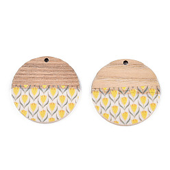 Yellow Printed Resin & Wood Pendants, Flat Round Charm with Flower Pattern, Yellow, 35x2~3mm, Hole: 2mm