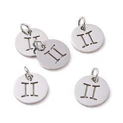 Gemini 304 Stainless Steel Charms, Flat Round with Constellation/Zodiac Sign, Gemini, 12x1mm, Hole: 3mm