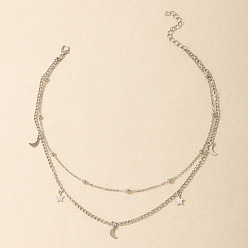 Without crystal silver Minimalist Double-layer Moon and Star Choker Necklace - Beaded Clavicle Chain