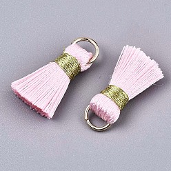 Pearl Pink Handmade Polycotton(Polyester Cotton) Tassel Decorations, Pendant Decorations, with Golden Iron Loops, Pearl Pink, 17~21x10x5mm, Jump Ring: 6x0.7mm, Inner Diameter: 4.6mm