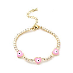 Pearl Pink Heart with Evil Eye Enamel Link Bracelet with Clear Cubic Zirconia Tennis Chains, Gold Plated Brass Jewelry for Women, Cadmium Free & Lead Free, Pearl Pink, 7-1/8 inch(18cm)