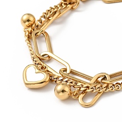 Golden Shell Heart and Round Ball Charm Multi-strand Bracelet, Vacuum Plating 304 Stainless Steel Double Layered Chains Bracelet for Women, Golden, 7-1/2 inch(19cm)
