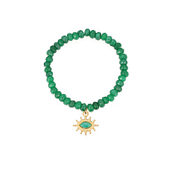 Green Natural White Jade Dyed Beaded Bracelets, with Stainless Steel Eye Pendants, Golden, Green, Pendnat: 17.4x18.2mm