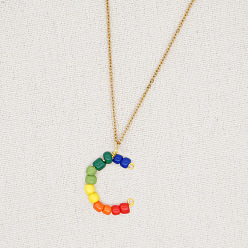 GZ-N200012C Handmade Rainbow Beaded Couples Necklace with Stainless Steel Lock Pendant - 26 Alphabet Letters for Beach Vacation