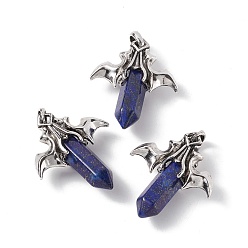 Lapis Lazuli Natural Dyed Lapis Lazuli Pendants, with Antique Silver Tone Alloy Bat Findings, Cadmium Free & Lead Free, Faceted Bullet Charm, 47x39x14mm, Hole: 6x9mm