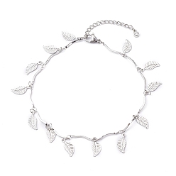 Stainless Steel Color 304 Stainless Steel Leaf Charm Anklets, with Bar Link Chains, Stainless Steel Color, 9-7/8 inch(25cm)