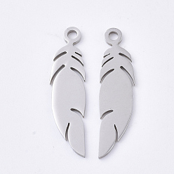 Stainless Steel Color 201 Stainless Steel Pendants, Feather, Stainless Steel Color, 25x6x1mm, Hole: 1.6mm