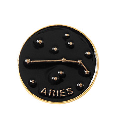 Aries Black Constellations Word Enamel Pin, Gold Plated Alloy Flat Round Badge for Backpack Clothes, Aries, 20mm
