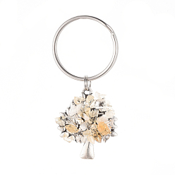 Citrine Chip Natural Citrine Keychain, with Antique Silver Plated Alloy Pendants and 316 Surgical Stainless Steel Split Key Rings, Tree, 55mm