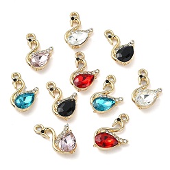 Mixed Color Golden Rack Plating Alloy Rhinestone Pendants, with Glass, Nickel Free, Swan Charm, Mixed Color, 22x13x5mm, Hole: 2mm