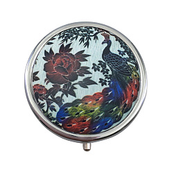 Peacock Portable Stainless Steel Pill Box, with Shell and Mirror, 3 Grids Multi-use Travel Storage Boxes, Flat Round, Peacock, 5x1.4cm