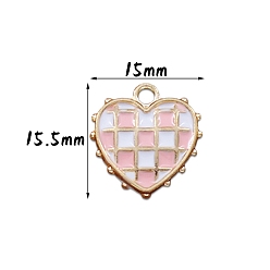 Pink Valentine's Day Theme, Alloy Enamel Pendants, Golden, Heart with Tartan Pattern, Pink, 15.5x15mm