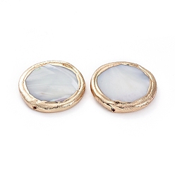 Other Sea Shell Electroplated Shell Beads, with Golden Plated Edge Brass Findings, Flat Round, 24x24.2x3mm, Hole: 0.8mm
