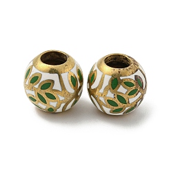 Green Brass Enamel European Beads, Large Hole Beads, Golden, Round with Leaf, Green, 13x11.5mm, Hole: 5mm