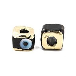 Black Brass Enamel Beads, Long-Lasting Plated, Real 18K Gold Plated, Square with Evil Eye Pattern, Black, 10~12x10~12x8~9mm, Hole: 4~4.5mm