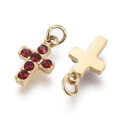 Siam 316 Surgical Stainless Steel Tiny Cross Charms, with Rhinestone and Jump Rings, Golden, Siam, 8.5x5x1.5mm, Hole: 1.6mm