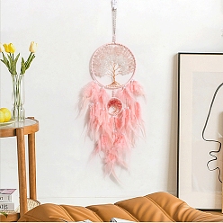 Pink Double Circle Tree of Life Natural Rose Quartz Chips Woven Web/Net with Feather Decorations, Home Decoration Ornament Festival Gift, Pink, 160mm