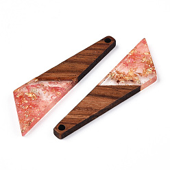 Salmon Transparent Resin & Walnut Wood Pendants, with Gold Foil, Quadrilateral Charms, Salmon, 49x13x3.5mm, Hole: 2mm