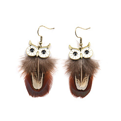 Brown Feather Owl Dangle Earrings, Gold Plated Alloy Jewelry for Women, Brown, 60x20mm