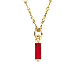 Red Birthstone Style Cubic Zirconia Rectangle Pendant Necklaces, Golden Titanium Steel Necklace, Red, 17.72 inch(45cm)