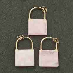 Rose Quartz Natural Rose Quartz Pendants, with Golden Plated Brass Findings, Lock, 46.5~47x30x7mm, Hole: 6mm