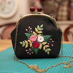 Black DIY Flower Pattern Wood Bead Kiss Lock Handbag Embroidery Kits, Including Printed Cotton Fabric, Embroidery Thread & Needles, Embroidery Hoop, Black, 270x450mm