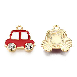 Red Alloy Enamel Pendants, with Crystal Rhinestone, Light Gold, Car, Red, 16.5x17.5x3mm, Hole: 1.6mm