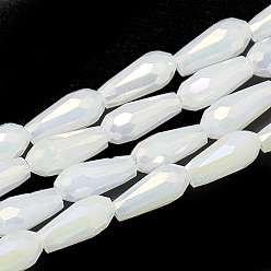Creamy White Electroplate Glass Beads Strands, Imitation Jade Glass, Faceted Teardrop, Creamy White, 9~9.5x4mm, Hole: 1mm, about 72pcs/strand, 25.98 inch