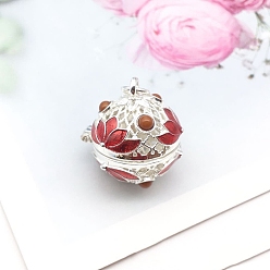 Red Brass Enamel Hollow Bead Cage Pendants, Round with Lotus Flower Charm, for Chime Ball Pendant Necklaces Making, Red, 18x15mm