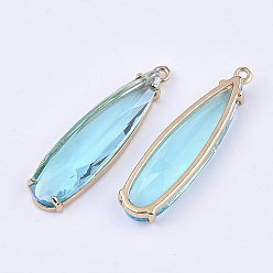 Aqua Transparent Glass Pendants, for DIY Jewelry Making, with Brass Findings, Faceted, Teardrop, Light Gold, Aqua, 32x8x4mm, Hole: 1.2mm
