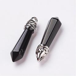 Obsidian Natural Obsidian Pointed Pendants, with Platinum Tone Alloy Findings, Bullet, 33~40x8~9x8~9mm, Hole: 3x4mm