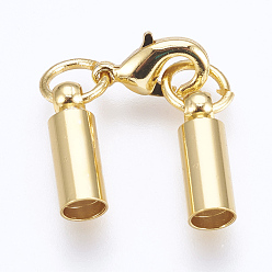 Real 18K Gold Plated Brass Lobster Claw Clasps, with Cord Ends, Long-Lasting Plated, Real 18K Gold Plated, 39mm, Hole: 3mm
